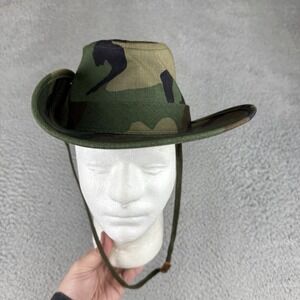 Woodland Camo Hat Outback Safari Fitted Mens Medium Made USA Chin Cord Wide Brim